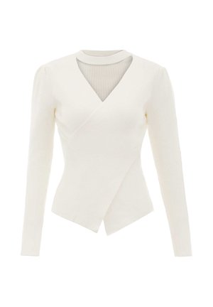 Pulover lung cu maneci, de culoare albă, cu un design înfășurat, având decolteu în V și o formă ajustată. Stil minimalist, cu o textură netedă.