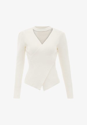 Weißer, gerippter Langarmpullover mit Wickeldesign, V-Ausschnitt und taillierter Form. Minimalistischer Stil mit einer glatten Textur.