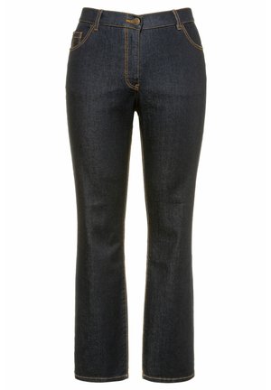 Jean en denim foncé avec une coupe droite, présentant des coutures orange, une fermeture par bouton à l'avant et cinq poches.