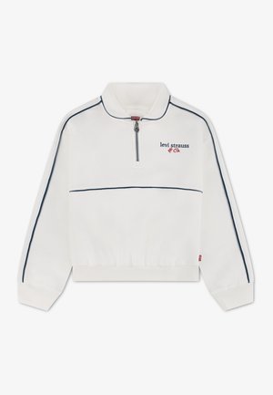 Pull blanc à manches longues avec fermeture éclair quart, passepoil bleu marine sur les manches et la poitrine, poignets côtelés et logo "Levi Strauss & Co." sur la poitrine.