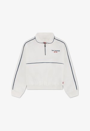Biały pulower z długim rękawem, ćwierćzamkiem, granatowymi lamówkami na rękawach i klatce piersiowej, ściągacze i logo "Levi Strauss & Co." na piersi.