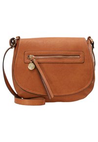 Beżowa torebka na ramię wykonana ze sztucznej skóry o zakrzywionym kształcie. Posiada przednią kieszeń na suwak, złote okucia oraz odpinany pasek.