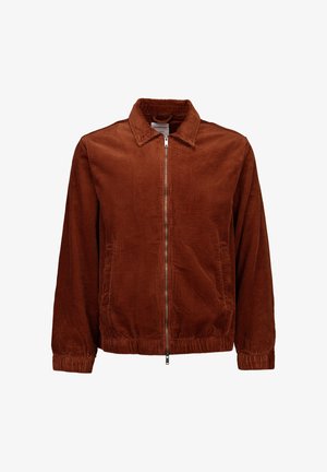 Braune Cordjacke mit Reißverschluss vorne, Kragen, Seitentaschen und elastischen Bündchen. Verfügt über eine strukturierte, gerippte Oberfläche.