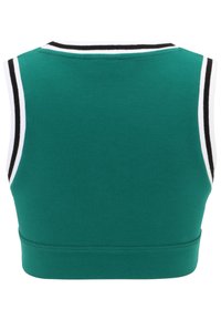 Top atlético verde sin mangas y cortado, con una textura suave, que presenta acentos a rayas en negro y blanco en el cuello y las sisas.