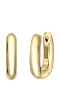 Zelta gredzena auskari ar gludu, noapaļu dizainu un spīdīgu apdari. Viena auskars ir nedaudz lielāka, demonstrējot nevainojamu savienojamību.