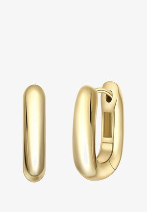 Pendientes de aro de oro con un diseño suave y redondeado y un acabado brillante. Un pendiente es ligeramente más grande, mostrando una conexión perfecta.