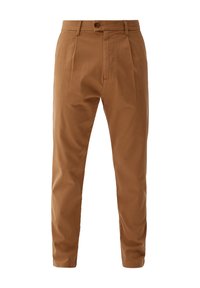 Pantalon marron tapered avec passants de ceinture, fermeture à boutons à l'avant et poches latérales, présenté sur un fond blanc.