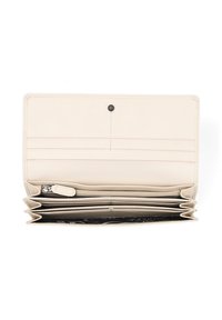 Cream leather wallet with multiple card slots, a zippered compartment, and three sections for bills. Features a snap closure and smooth texture.