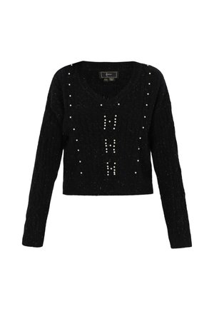 Suéter negro corto con escote en V; tejido de punto texturizado; adornado con cuentas blancas que forman letras y patrones en la parte delantera.