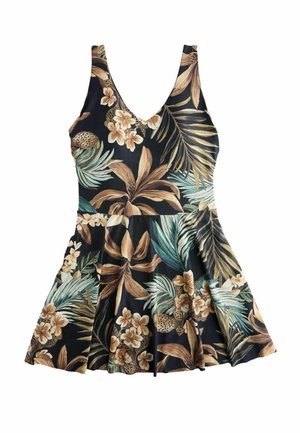 Juoda berankovė su V formos iškirpte, platėjančia sijono dalimi ir tropinių gėlių raštu smėlio, rudos ir žalios spalvų tonais.