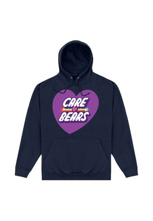 Felpa blu navy con grafica di un grande cuore viola e testo "CARE BEARS" in bianco e accenti colorati. Include una tasca frontale e cappuccio con cordino.