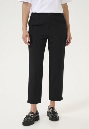 Black tailored pants with a straight cut, featuring front seams and a smooth texture. Paired with black loafers with gold hardware accents.