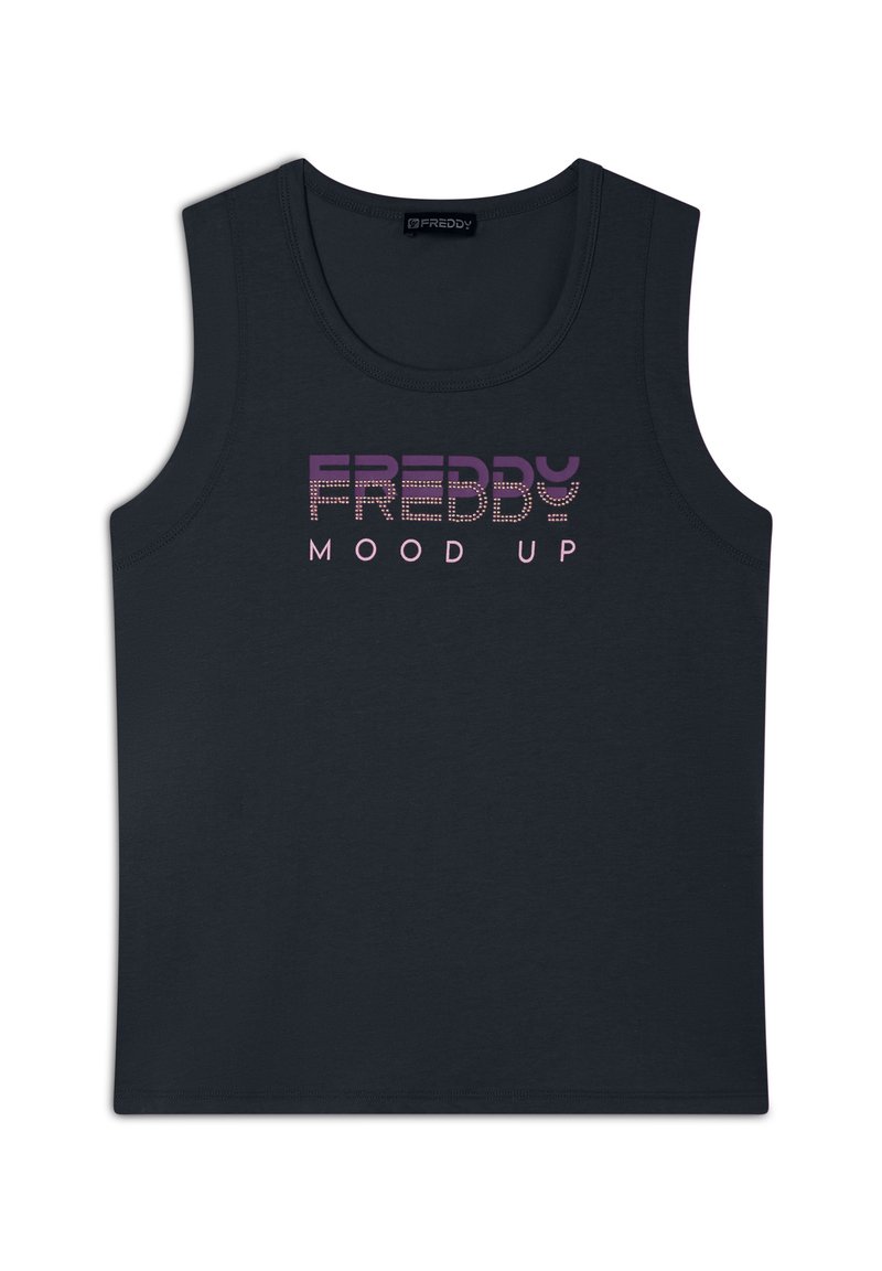 Canotta nera senza maniche realizzata in morbido materiale. Presenta il testo stampato "FREDDY MOOD UP" in un gradiente di viola e rosa con dettagli in borchie.