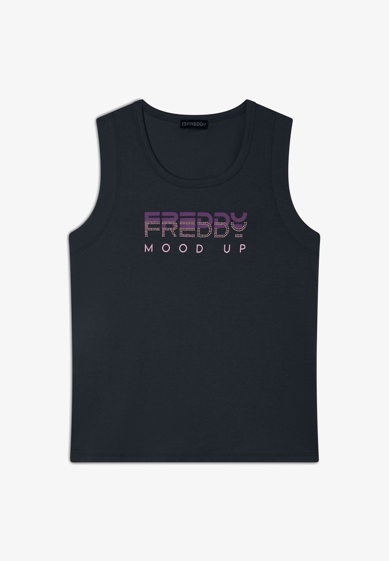Canotta nera senza maniche realizzata in morbido materiale. Presenta il testo stampato "FREDDY MOOD UP" in un gradiente di viola e rosa con dettagli in borchie.