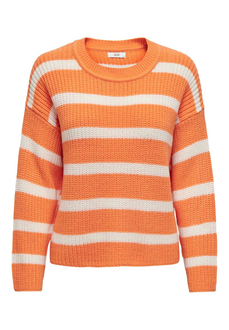 Strickpullover in Orange mit weißen horizontalen Streifen. Hat einen Rundhalsausschnitt und weite Ärmel, hergestellt aus strukturiertem Garn.