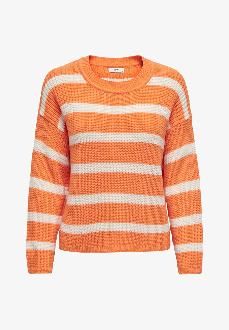 Strickpullover in Orange mit weißen horizontalen Streifen. Hat einen Rundhalsausschnitt und weite Ärmel, hergestellt aus strukturiertem Garn.