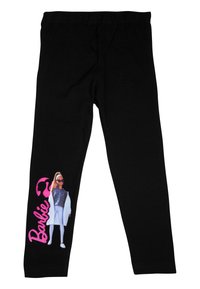 Leggings neri in cotone con una fascia elastica in vita. Presentano una stampa grafica di un personaggio con abbigliamento colorato e testo in rosa.