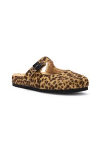 Scarpa slip-on con stampa leopardata, interna in morbido pellicciotto, accessori neri, apertura posteriore e suola in gomma testurizzata per una migliore aderenza.