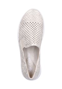 Slip-on shoe in light metallic beige leather with perforated design, padded collar, and white rubber sole. Textured upper and extra wide fit.