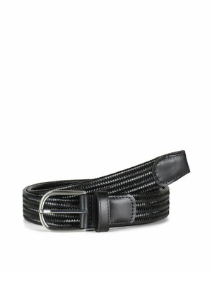 Sort vevd lærbelte rullet sammen med sølvfarget metallspenne og sydd lærløkke og spiss, vist på hvit bakgrunn.