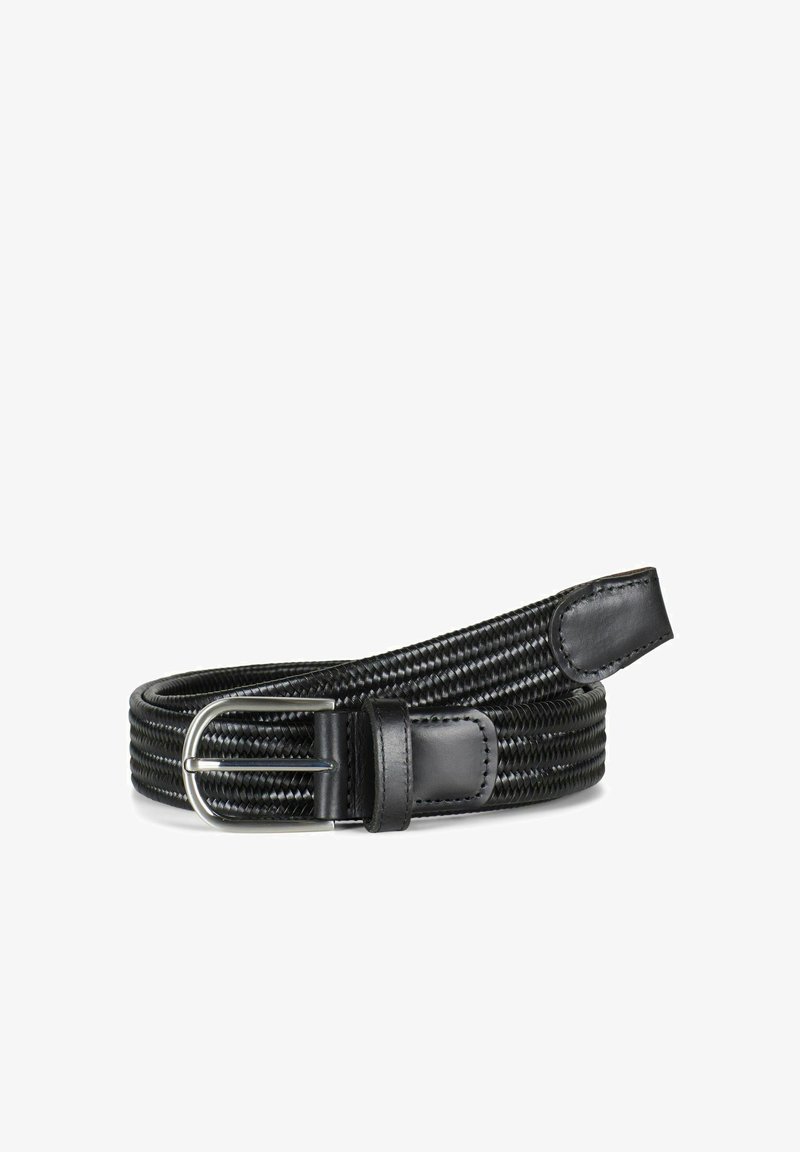 Ceinture en cuir noir tressé, roulée avec boucle métallique argentée, passant et extrémité en cuir cousus, présentée sur fond blanc.
