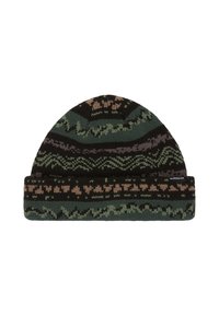 Gebreide beanie in donkergroen, zwart en beige. Kenmerkt zich door geometrische patronen en een geribde manchette. Zachte textuur met rekbare stof.