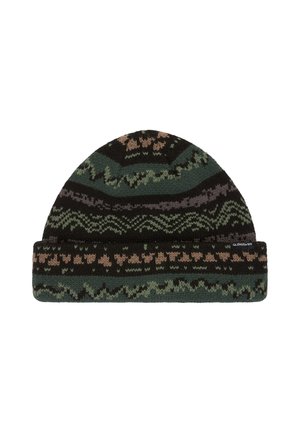 Knitted beanie in dark green, black, and beige. Features geometric patterns and ribbed cuff. Soft texture with stretchable fabric.