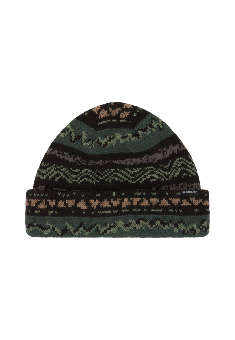 Gebreide beanie in donkergroen, zwart en beige. Kenmerkt zich door geometrische patronen en een geribde manchette. Zachte textuur met rekbare stof.