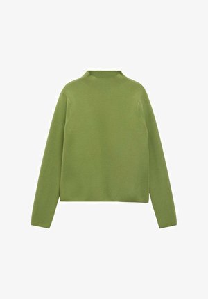 Groene gebreide trui met een hoge halslijn en lange mouwen. Heeft een cropped ontwerp en een soepele textuur, zonder patronen of versieringen.