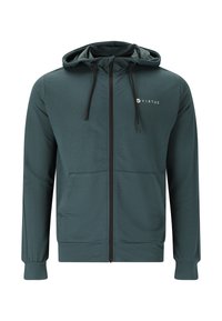 Huvan zip-up jacka i mörkgrön, tillverkad av slät tyg; har två framfickor, svart dragkedja och en liten logotyp på bröstet.