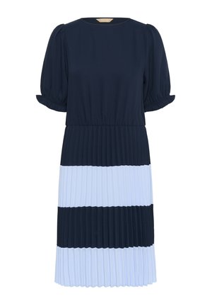 Robe avec un col rond et des manches bouffantes. Fabriquée dans un tissu doux avec un motif plissé bleu marine, bleu clair et bleu foncé.