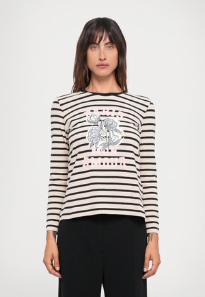 Langsleeve gestreepte shirt in beige en zwart, met een bloemgrafiek in grijs en roze en de tekst "Paris mon amour" in het roze.