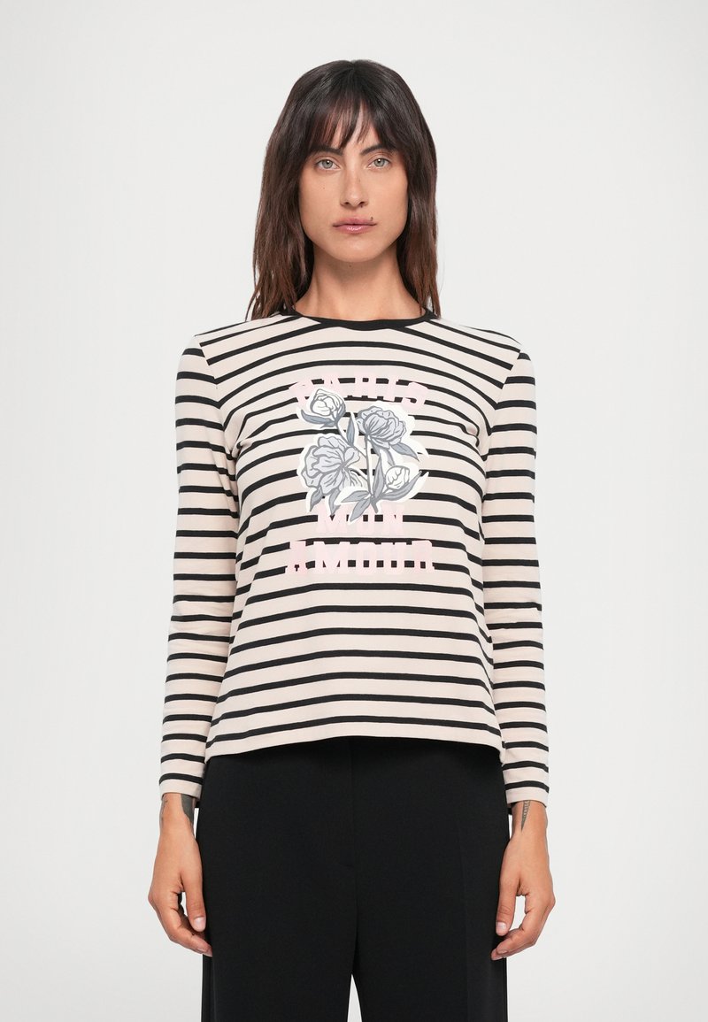 Long-sleeve striped shirt in beige and black, featuring a floral graphic in gray and pink with the text "Paris mon amour" in pink.