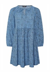 Niebieska sukienka w czarne kropki, z długimi rękawami, okrągłym dekoltem i luźnym fasonem z marszczonym pasem. Miękki materiał.