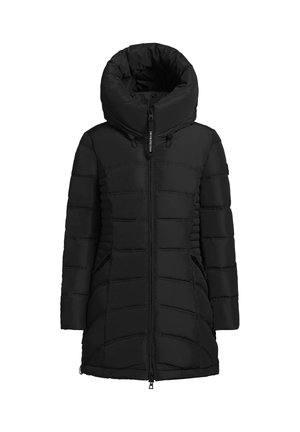 Melna pūkaina jaka ar augstu, pārmērīgu kapuci, quilted dizainu, priekšējo rāvējslēdzēju, divām sānu kabatām un elastīgiem akcentiem jostasvietā.