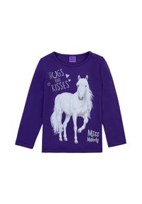Maglietta a maniche lunghe viola con una grafica di un cavallo bianco, testo "Abbracci e Baci" e il nome del marchio "Miss Melody". Materiale in cotone morbido.
