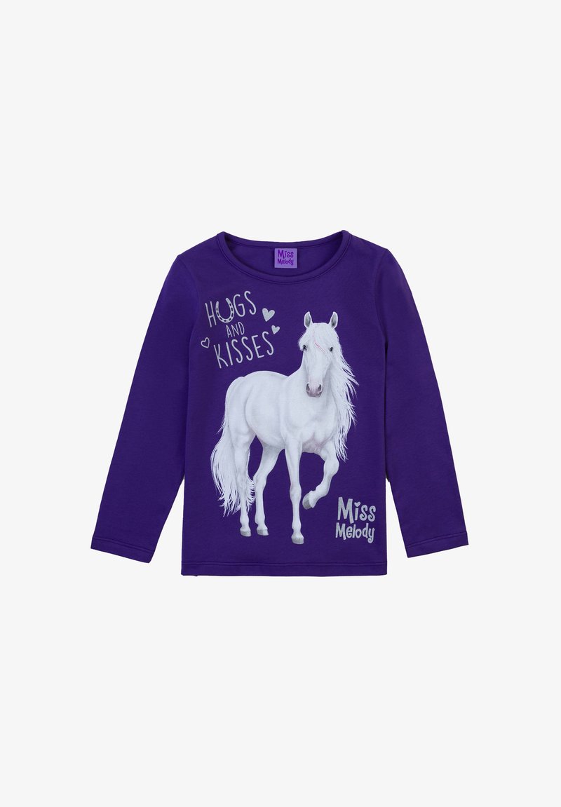 Maglietta a maniche lunghe viola con una grafica di un cavallo bianco, testo "Abbracci e Baci" e il nome del marchio "Miss Melody". Materiale in cotone morbido.