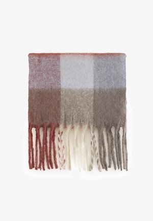 Volneno prekrivač s kariranim vzorcem, ki vključuje rdeče, svetlo modre, sive in smetane kvadrate. Končan z dolgimi, frufru robovi.