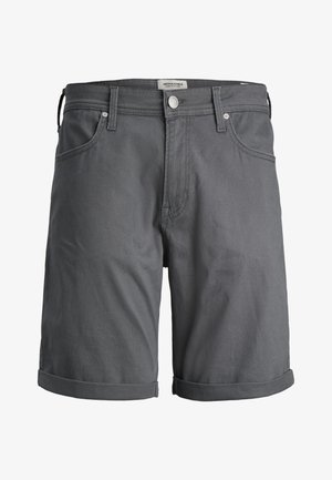 Γκρι αθλητικές βερμούδες μέχρι το γόνατο με γυρισμένα στρίφωμα, κουμπί και φερμουάρ, μπροστινές τσέπες και θηλιές για ζώνη.