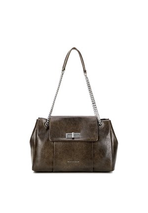 Sac en cuir marron foncé avec des anses en chaîne argentée et un fermoir à rabat rectangulaire à l'avant, étiqueté "WITTCHEN" en bas au centre.