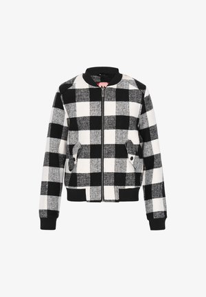 Sort-hvid ternet bomberjakke med lynlåsfortykkelse, ribbede manchetter, to sidelommer og tekstureret stof i et cropped design.