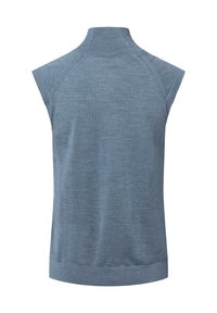 Pull sans manches en tissu bleu clair avec un col montant, présentant une texture lisse et des accents côtelés au niveau du col et de l'ourlet.