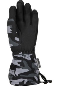 Schwarze und graue Camouflage-Winterhandschuhe mit texturierten Handflächen, fünf Fingerdesign und elastischem Bündchen für einen engen Sitz. Mit Kordelzug.
