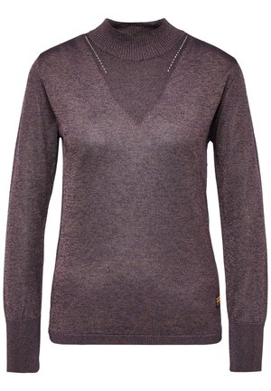 Jersey de punto morado de manga larga con cuello alto enrollado y un corte en forma de V en la parte delantera, con dobladillo y puños acanalados.