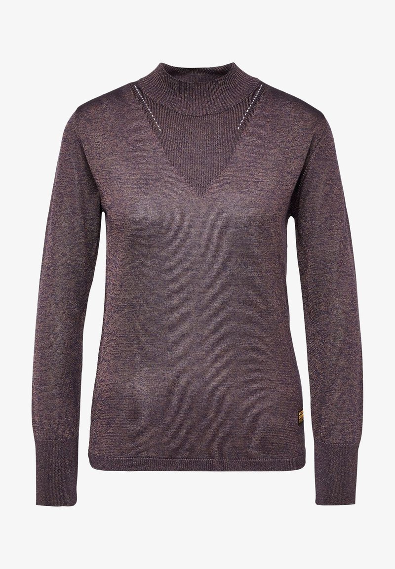 Pull en maille violet à manches longues avec col roulé et découpe en forme de V à l'avant, orné d'un ourlet et de poignets côtelés.
