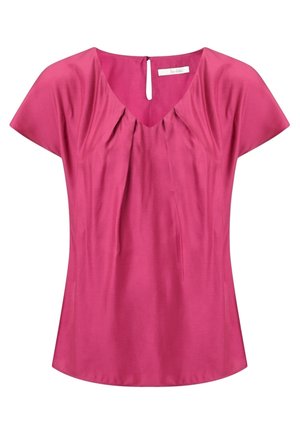 Roze blouse met korte mouwen en geplooide details onder een V-hals en keyhole sluiting aan de achterkant.