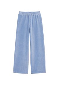 Gaiši zili platāji bikses, izgatavotas no ribota auduma ar elastīgu jostu. Mīksta tekstūra un taisna silueta.