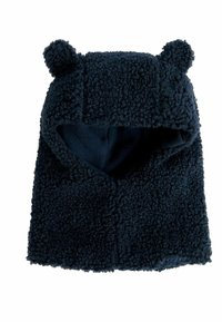 Gorro de forro polar azul marino con orejas de oso, exterior de textura suave y un forro acogedor, con una abertura frontal. Mide aproximadamente talla de adulto.
