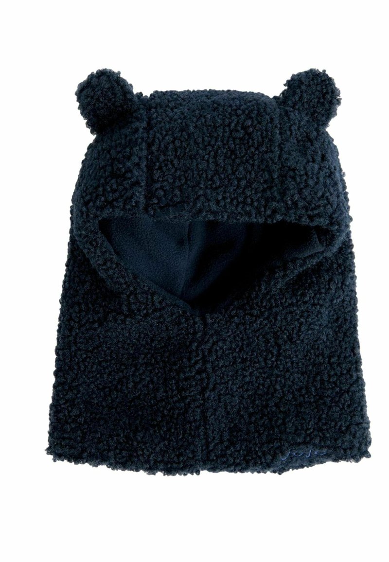 Gorro de forro polar azul marino con orejas de oso, exterior de textura suave y un forro acogedor, con una abertura frontal. Mide aproximadamente talla de adulto.
