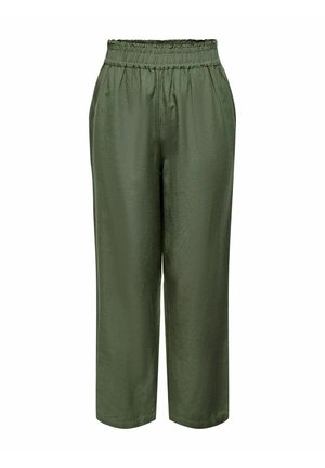 Pantalon large vert olive avec taille élastique et poches latérales, fabriqué en tissu lisse et léger.